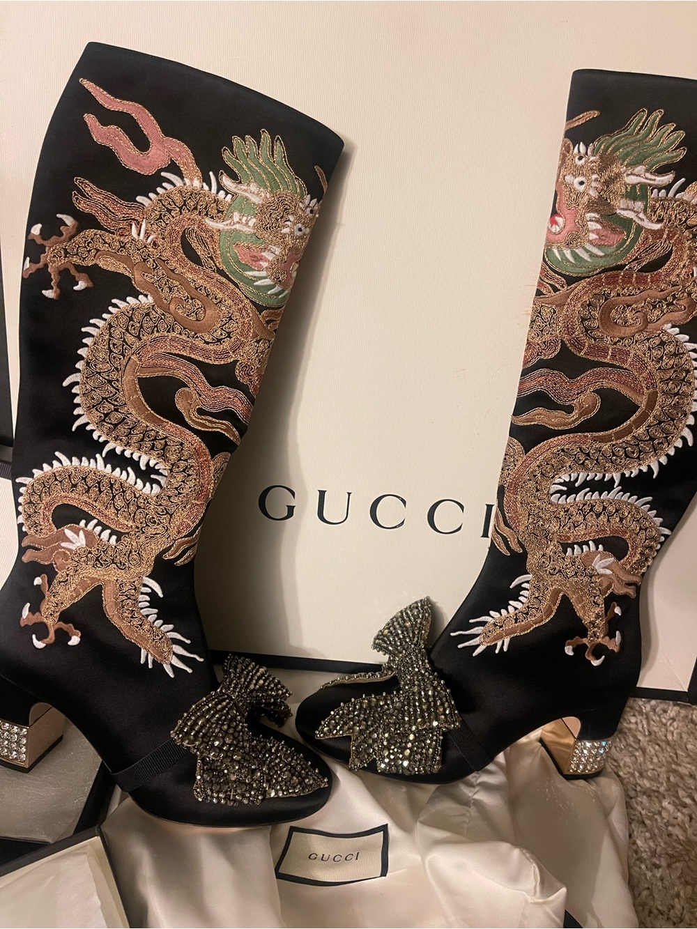 Gucci Black Satin Tall Boots with Embroidered Dragon Motif - Picture 8 of 8